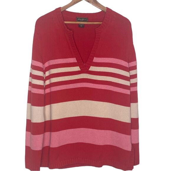 Eddie Bauer Size XL Tall Cotton Pink Striped V-Neck Pullover Sweater - Picture 1 of 7
